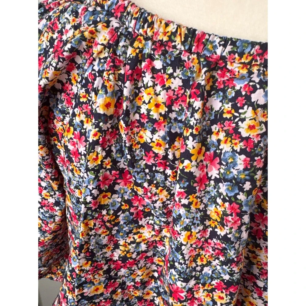 Old Navy Womens XL Tall Floral Babydoll Peplum Top Puff Sleeve Navy Blue Multi